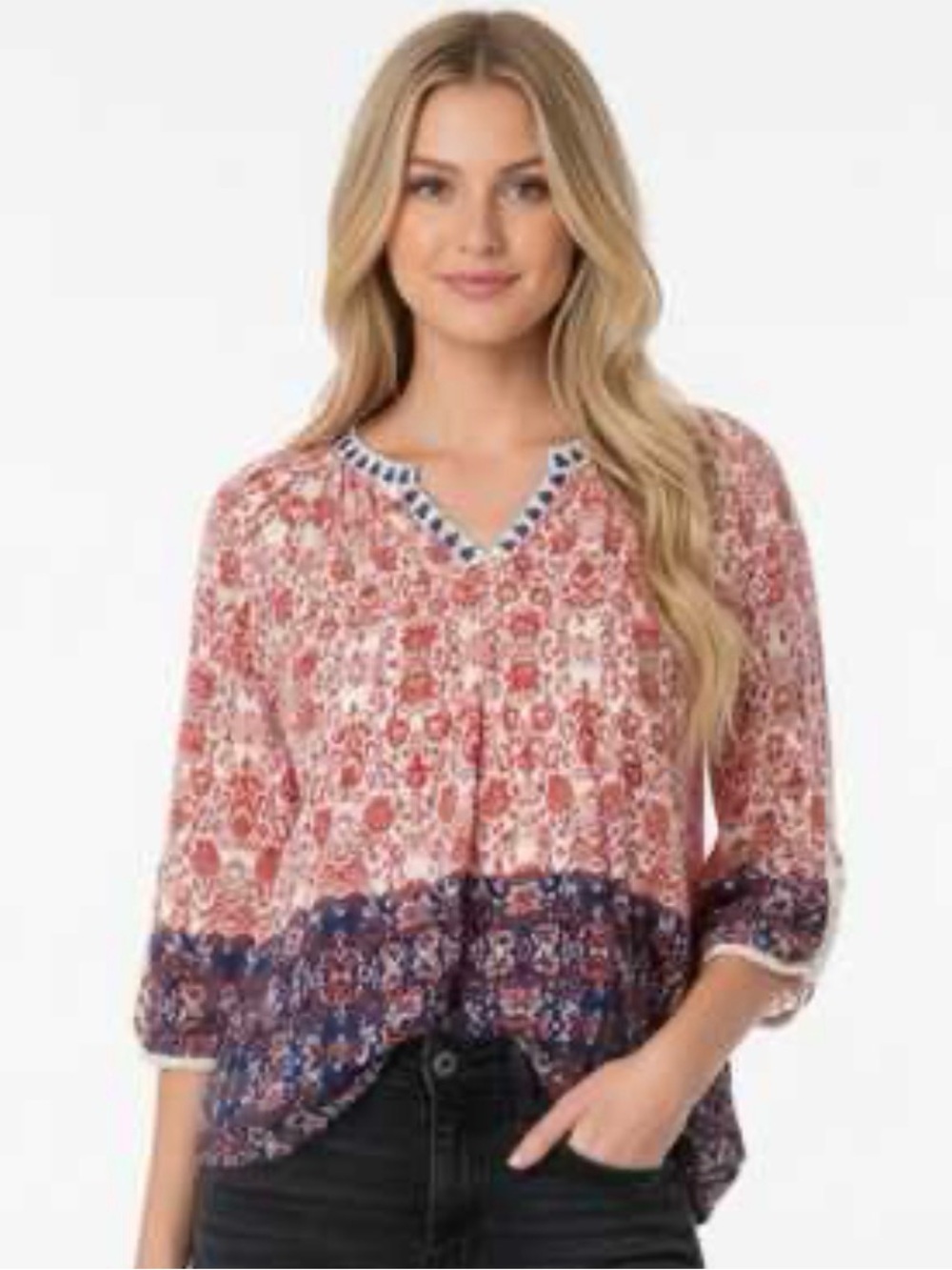 Vintage America Red Floral & Navy Border Peasant Blouse